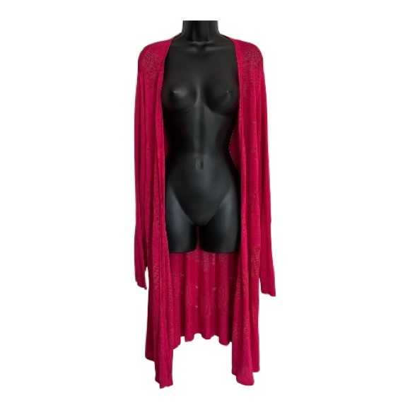torrid Sweaters - Torried Pointelle Long Open-Front Long Knit Duster Cardigan Raspberry Pink - 4X